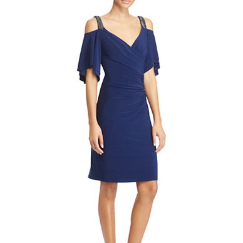LAUREN Ralph Lauren Embellished Shoulder Straps Surplice Flutter-Sleeve Dress
